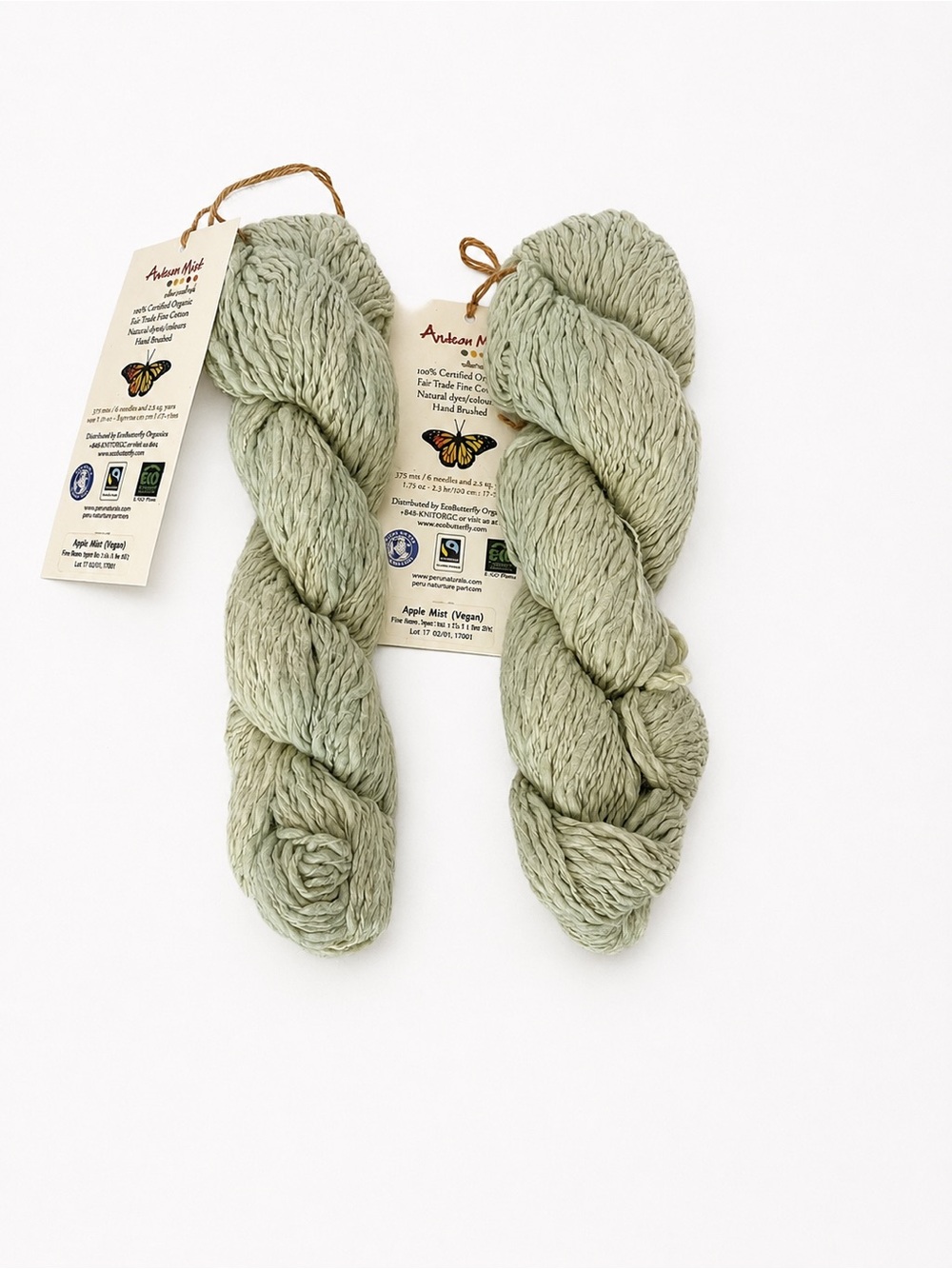 Andean Mist Apple Mist Vegan Organic Pima Cotton Yarn Lot of 2 Skeins Sage Green